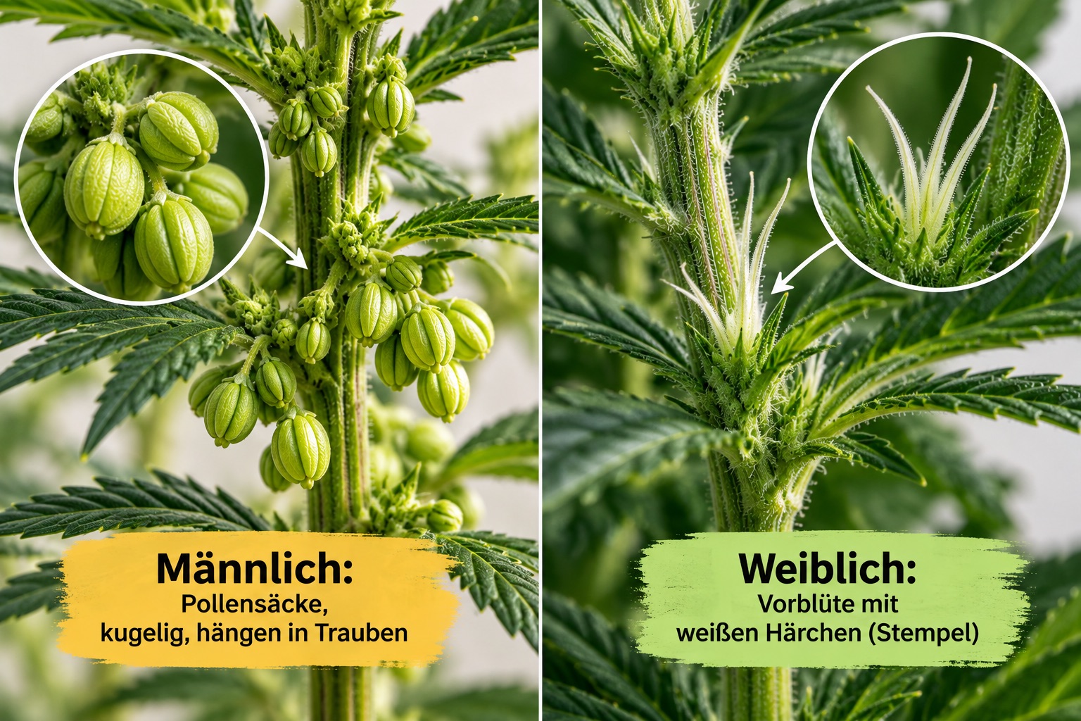 Infografik: Geschlecht der Cannabispflanze erkennen — männliche Pollensäcke vs. weibliche Vorblüte mit Stempeln
