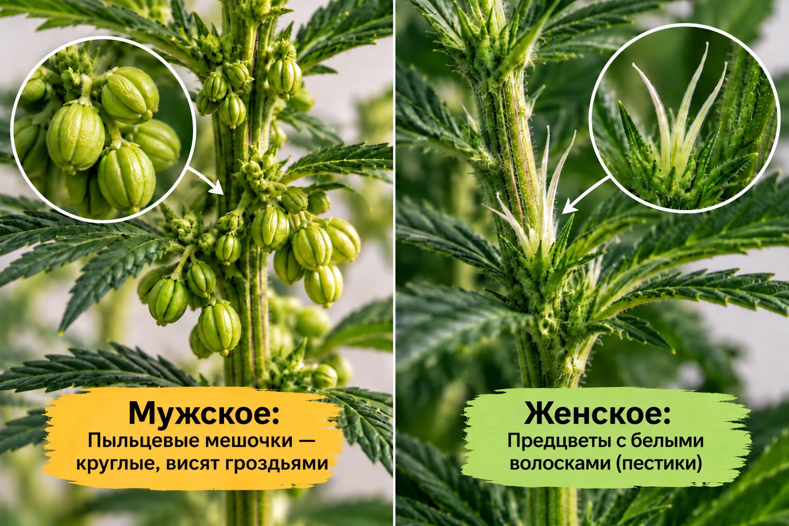 Как определить пол конопли: пыльцевые мешочки мужского растения и предцветение женского с белыми волосками