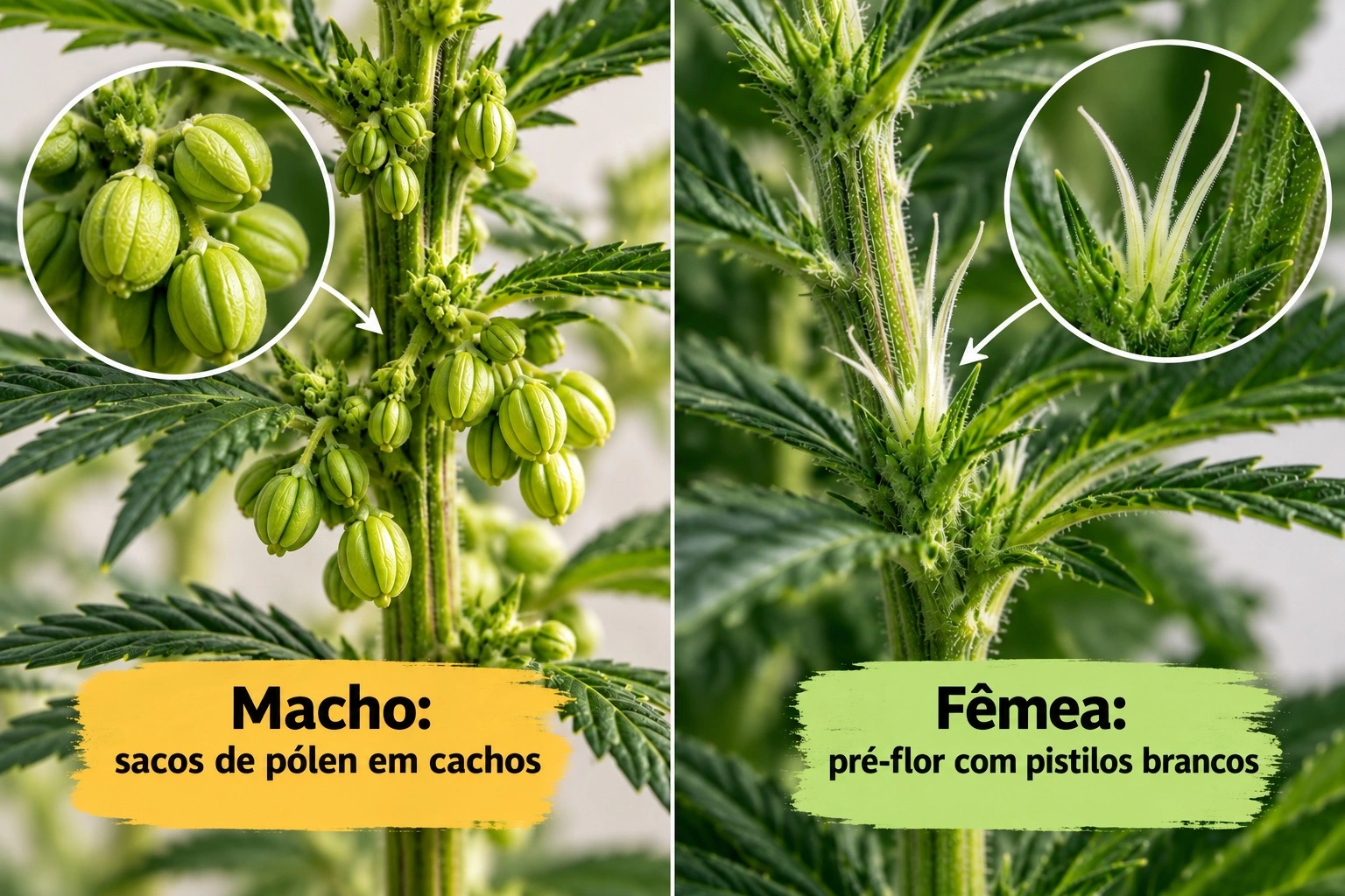 Infografia: cannabis macho e fêmea — sacos de pólen do macho vs pré-flor da fêmea com pistilos