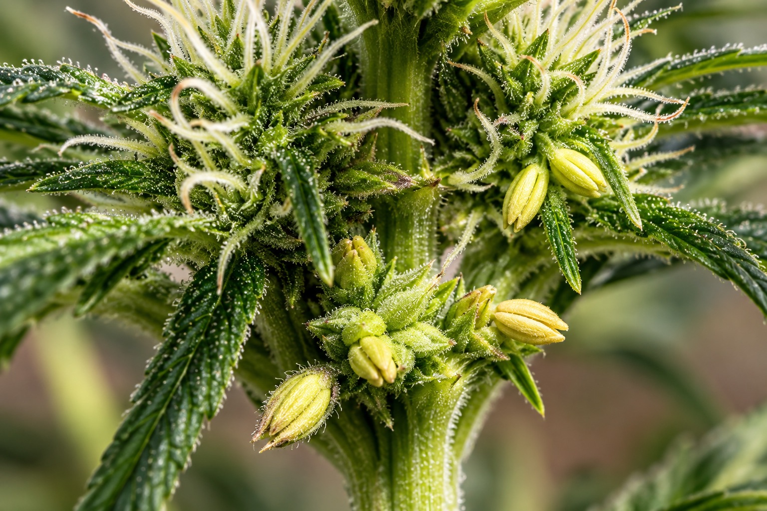 Zwitter-Cannabispflanze: weibliche Blüte mit gelben Bananen (Staubbeutel) zwischen den Kelchen