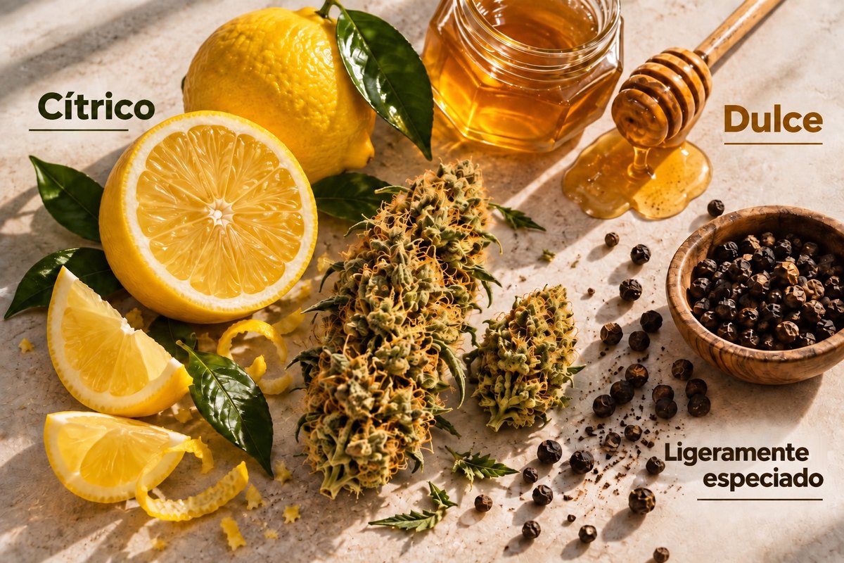 Aroma de Amnesia Gold: cítrico, dulce y ligeramente especiado, con limón, miel y pimienta junto a los cogollos