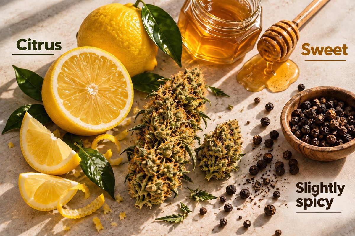 Amnesia Gold aroma: citrus, sweet and slightly spicy — buds with lemon, honey and black pepper