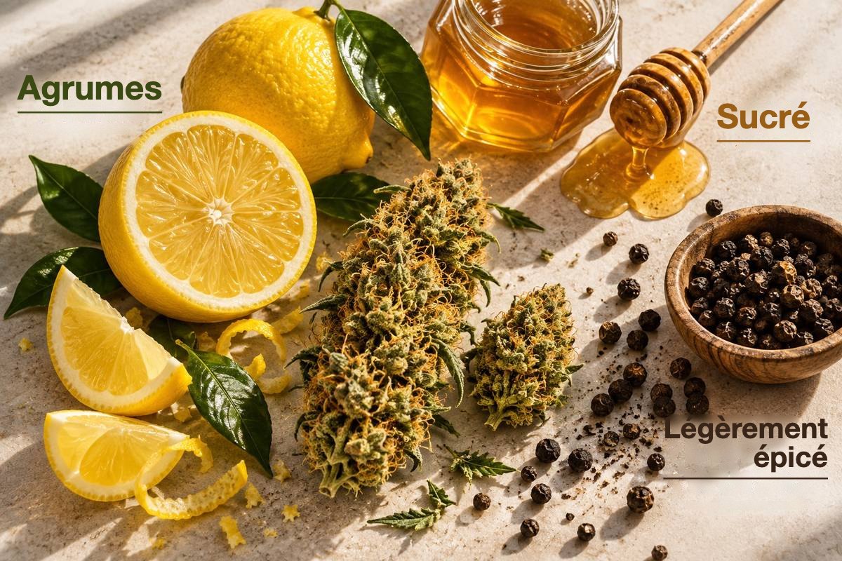 Arôme de l’Amnesia Gold : agrumes, sucré et légèrement épicé — têtes avec citron, miel et poivre