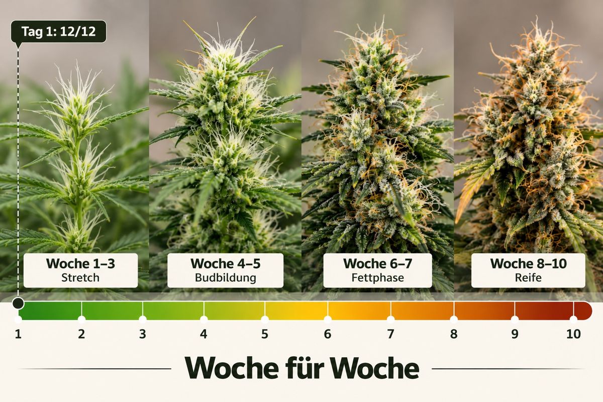 Cannabis Blütephase Woche für Woche: Stretch, Budbildung, Fettphase und Reife von Woche 1 bis 10
