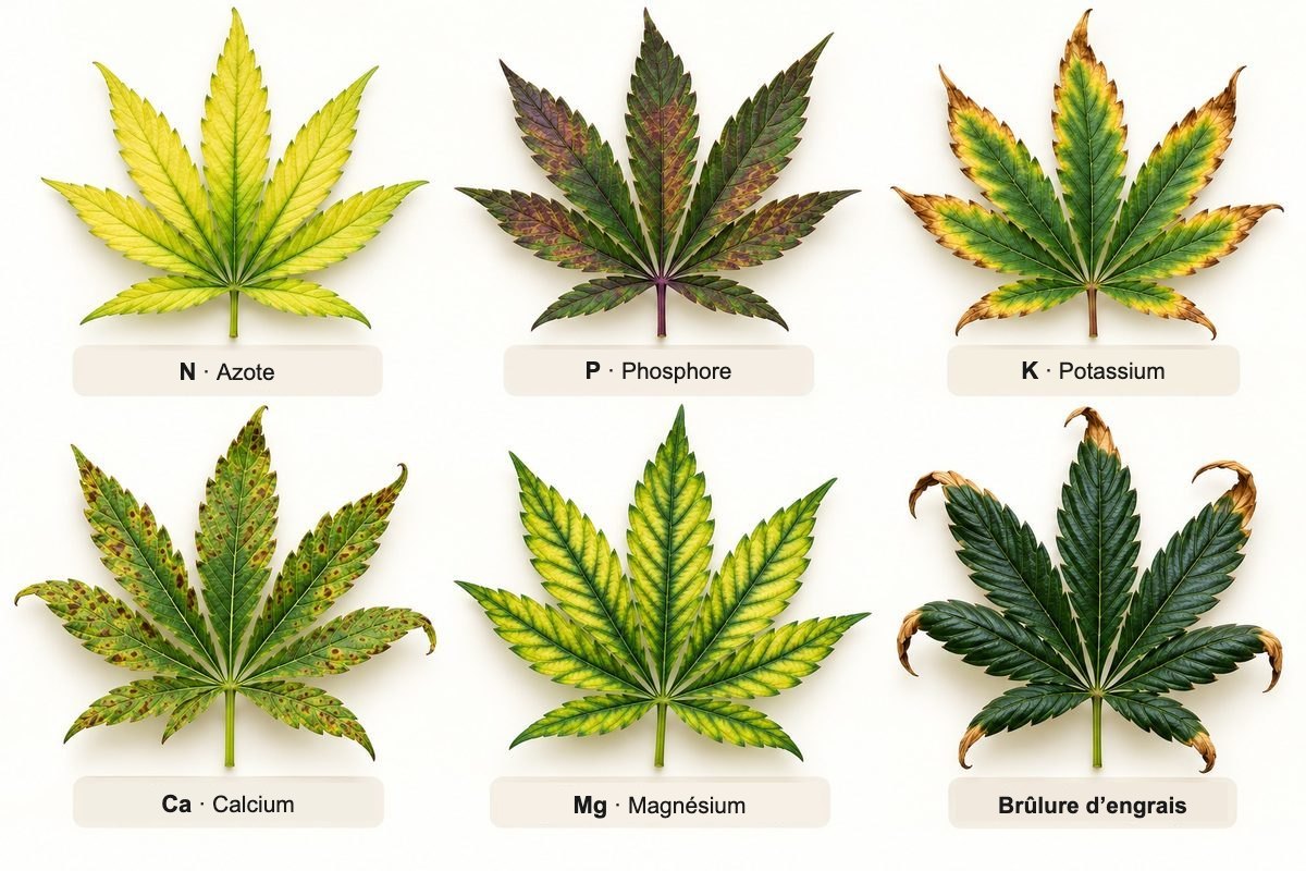 Tableau des carences du cannabis : feuilles présentant une carence en azote, phosphore, potassium, calcium et magnésium, et une brûlure d’engrais