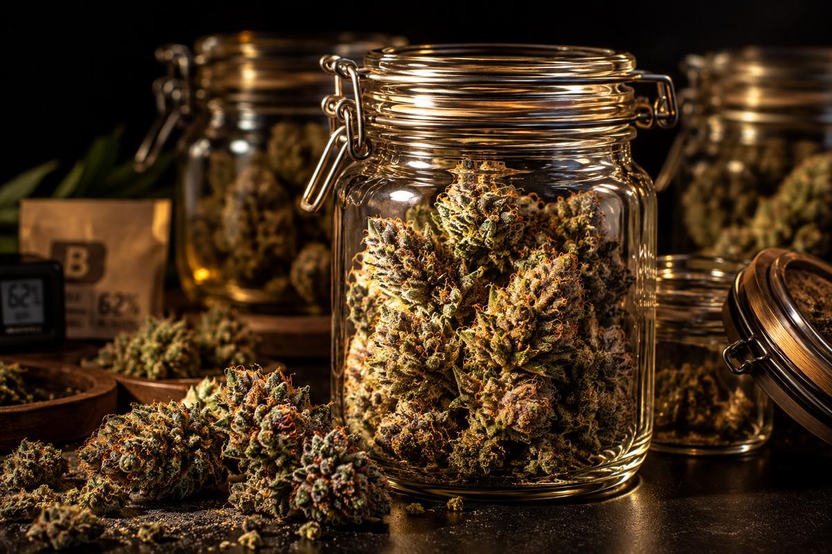 Cogollos de cannabis secos curándose en botes de cristal herméticos para conservar los terpenos