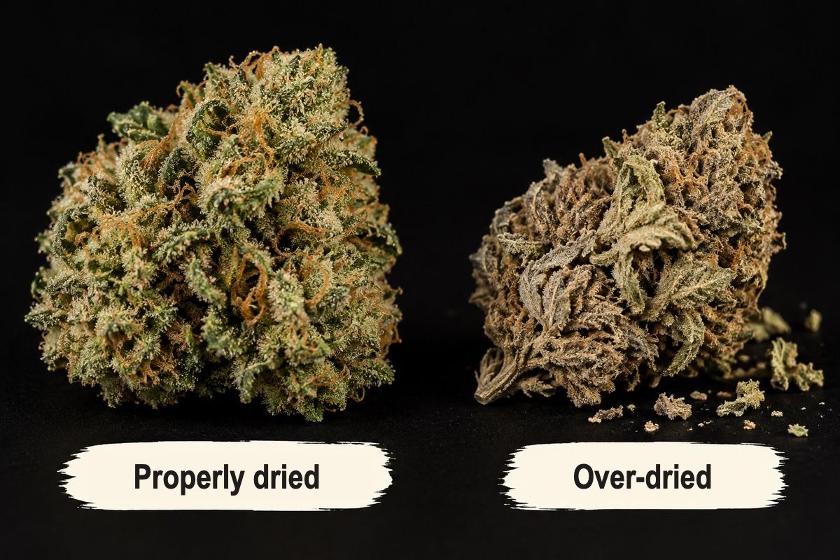 Comparison: properly dried cannabis bud and an over-dried, crumbly bud