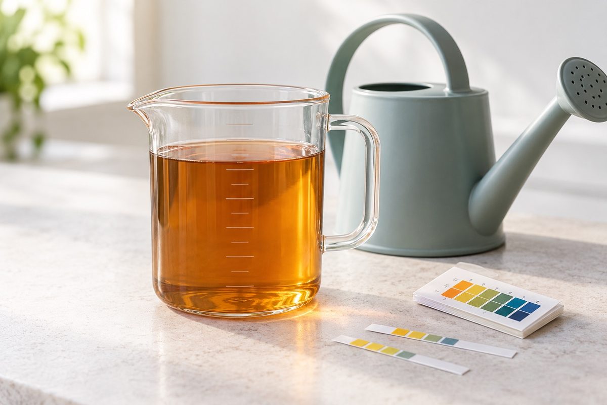 Cannabis Dünger dosieren: Messbecher mit flüssigem Dünger, Gießkanne und pH-Teststreifen