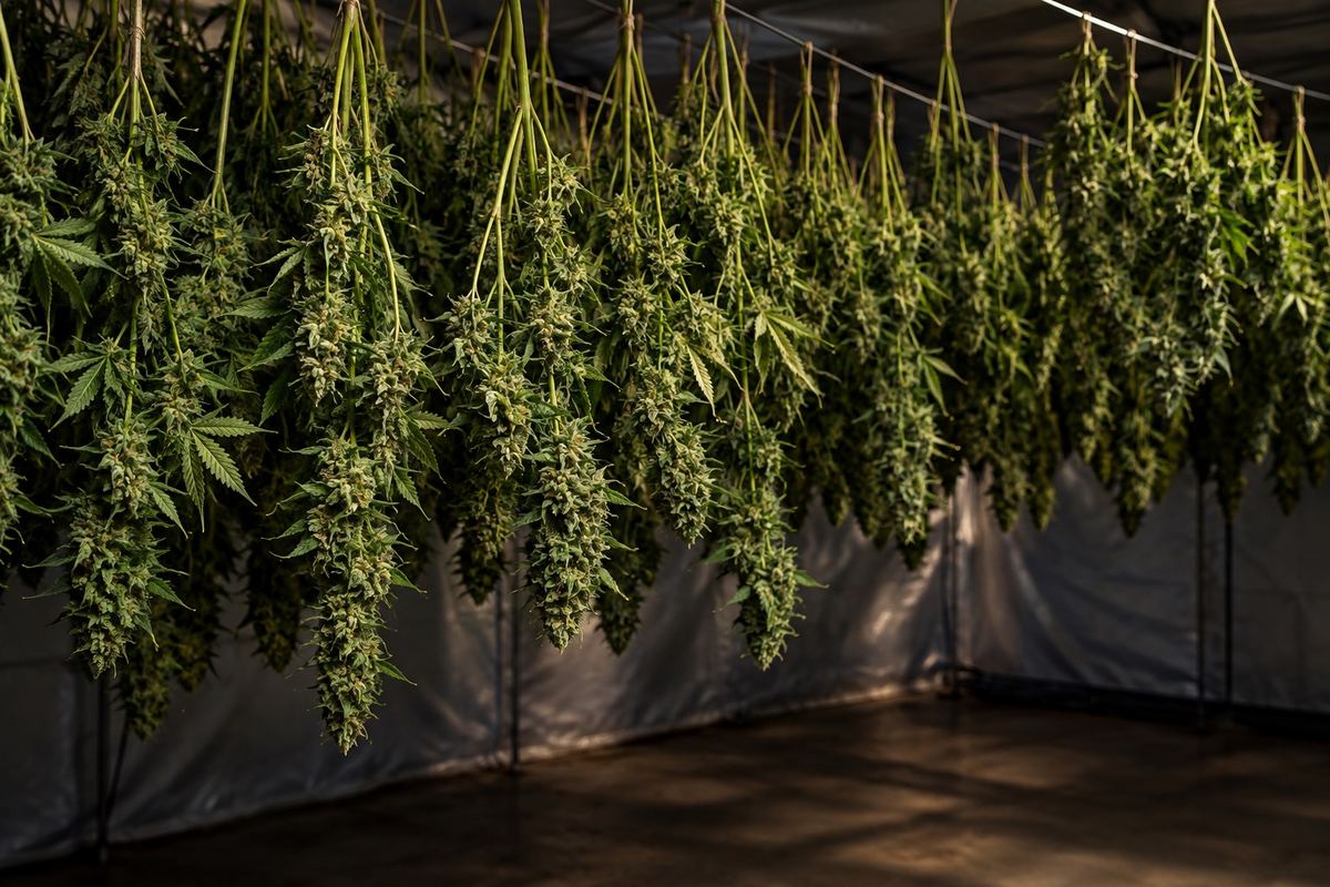 Cannabiszweige hängen kopfüber zum Trocknen in einem dunklen Raum
