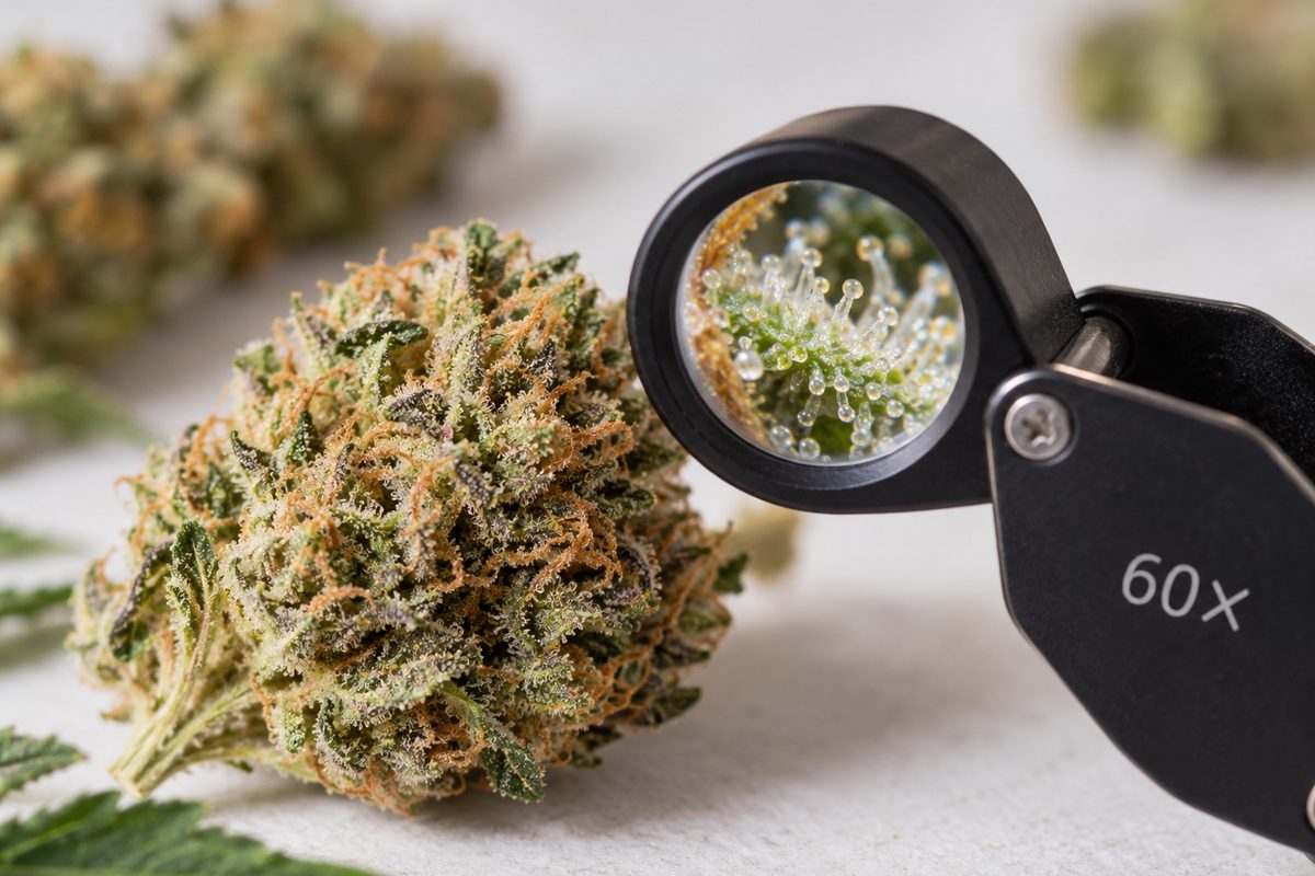 Cannabisblüte mit 60x-Lupe: Trichome zur Reifeprüfung