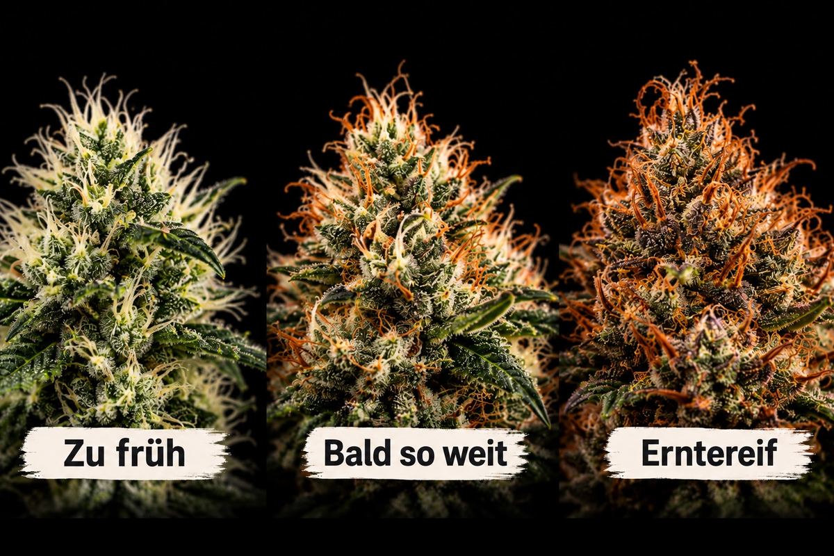 Cannabisblüte in drei Reifegraden: weiße Härchen (zu früh), teils orange (bald so weit), braun eingerollt (erntereif)
