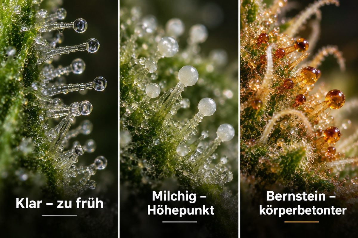 Trichome in drei Reifegraden: klar – zu früh, milchig – Höhepunkt, bernstein – körperbetonter