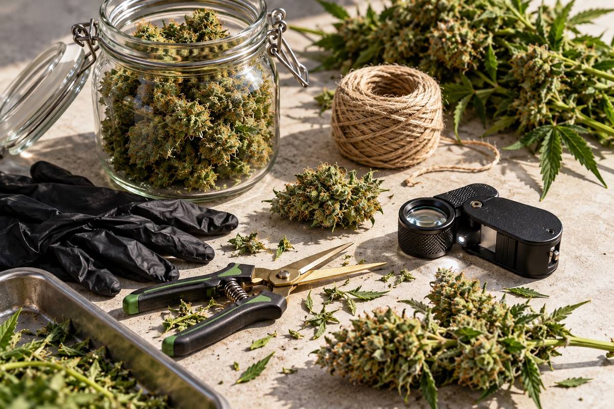 Werkzeug für die Cannabisernte: Trimmschere, Handschuhe, Lupe, Schnur und Glas zum Curen