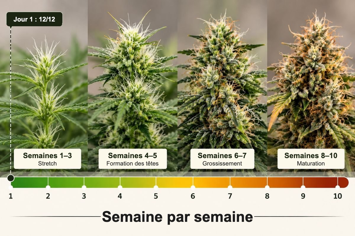 Floraison du cannabis semaine par semaine : stretch, formation des têtes, grossissement et maturation de la semaine 1 à 10