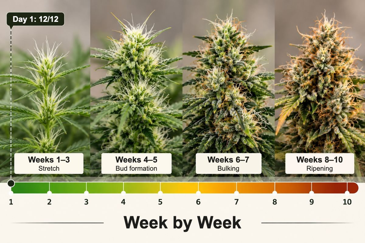 Cannabis flowering stage week by week: stretch, bud formation, bulking and ripening from week 1 to 10