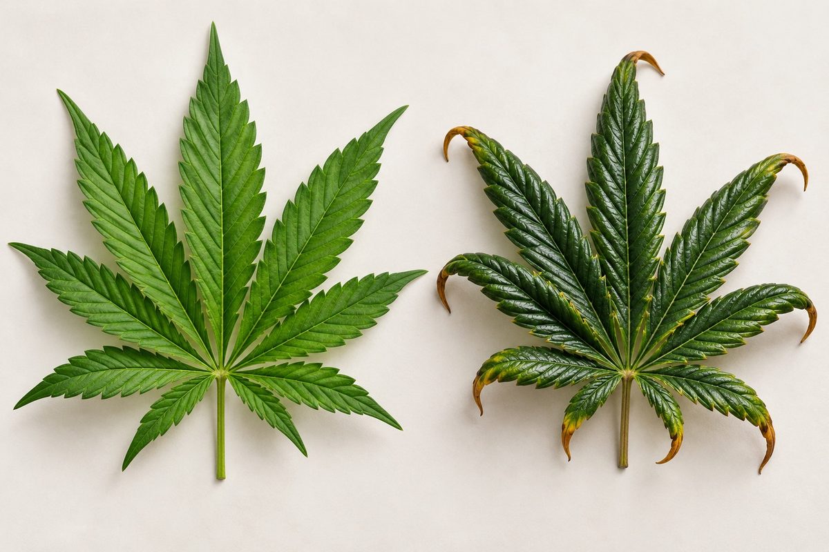 Cannabis gesund vs. überdüngt: links ein gesundes grünes Blatt, rechts ein überdüngtes dunkelgrünes Blatt mit braunen, krallenförmig gebogenen Spitzen