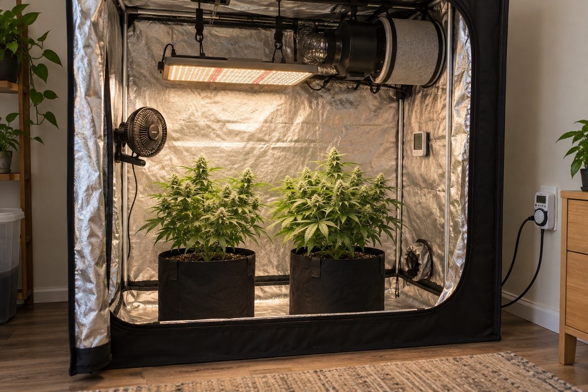 Growbox für den Cannabis-Anbau mit LED-Lampe, Abluft, Aktivkohlefilter, Ventilator und Pflanzen in Stofftöpfen