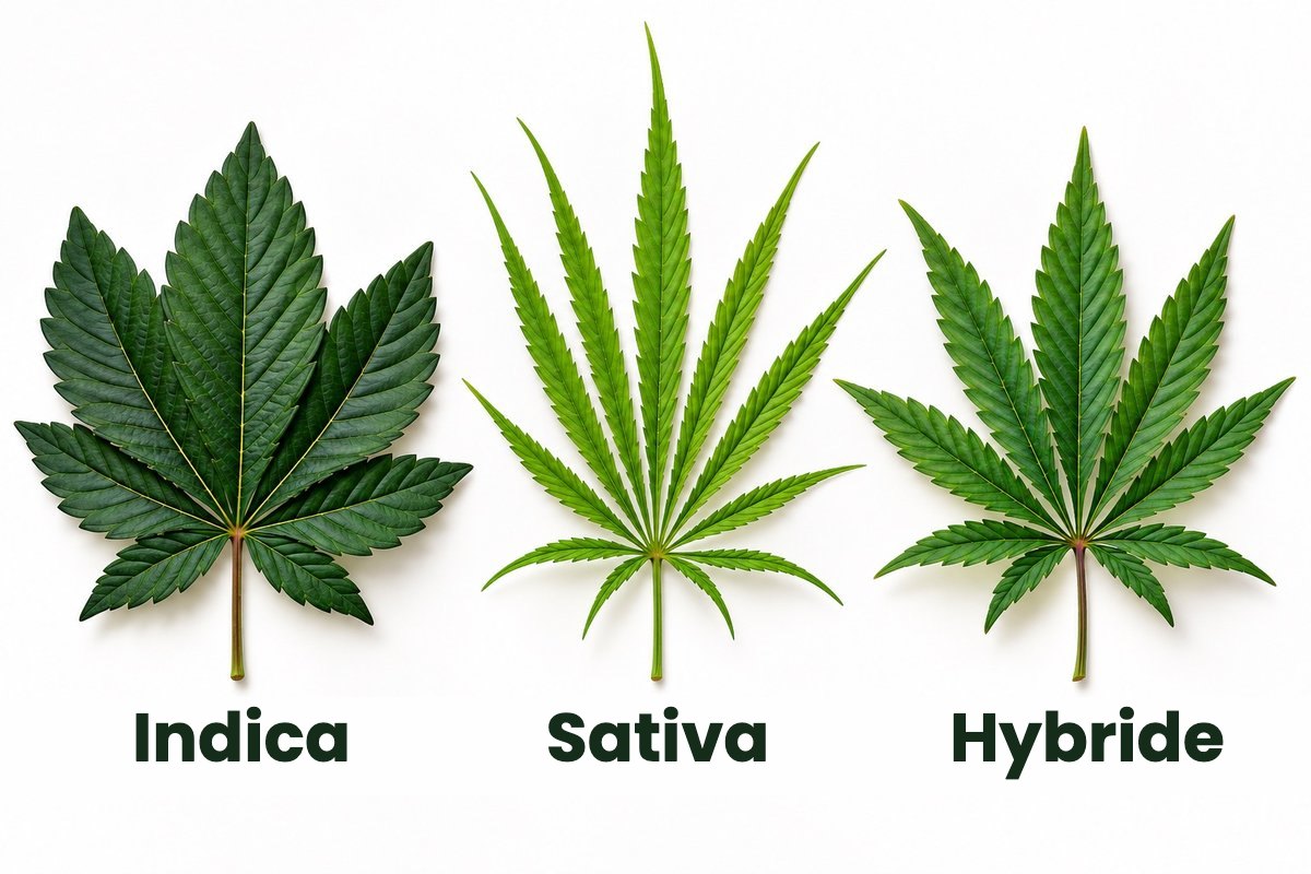 Feuilles de cannabis comparées : indica large et foncée, sativa fine et claire, hybride intermédiaire