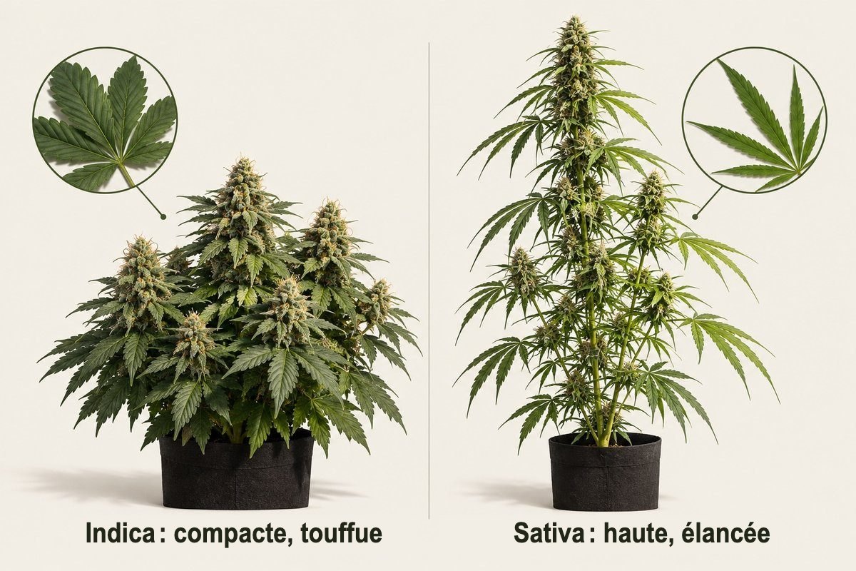 Plante de cannabis indica compacte et touffue comparée à une plante sativa haute et élancée