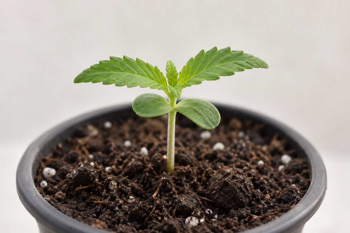 Cannabis Keimling mit Keimblättern und ersten gezackten Blättern in einem kleinen Topf mit Erde