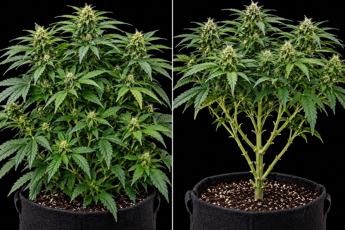 Cannabis Lollipopping vorher und nachher: links dichte Pflanze mit vielen unteren Trieben, rechts dieselbe Pflanze mit freiem unteren Drittel