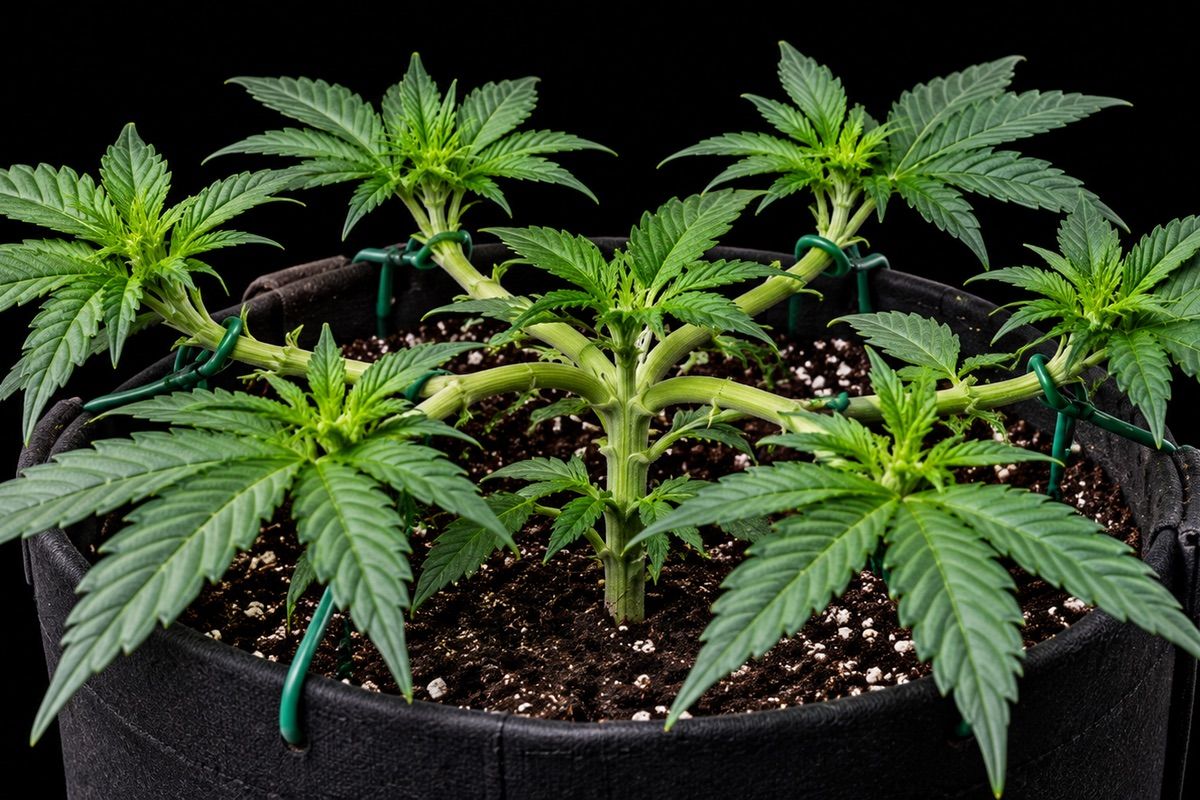 Cannabis LST: Triebe sind zur Seite gebogen und mit grünem Draht am Rand eines Stofftopfs festgebunden, die Spitzen stehen auf gleicher Höhe