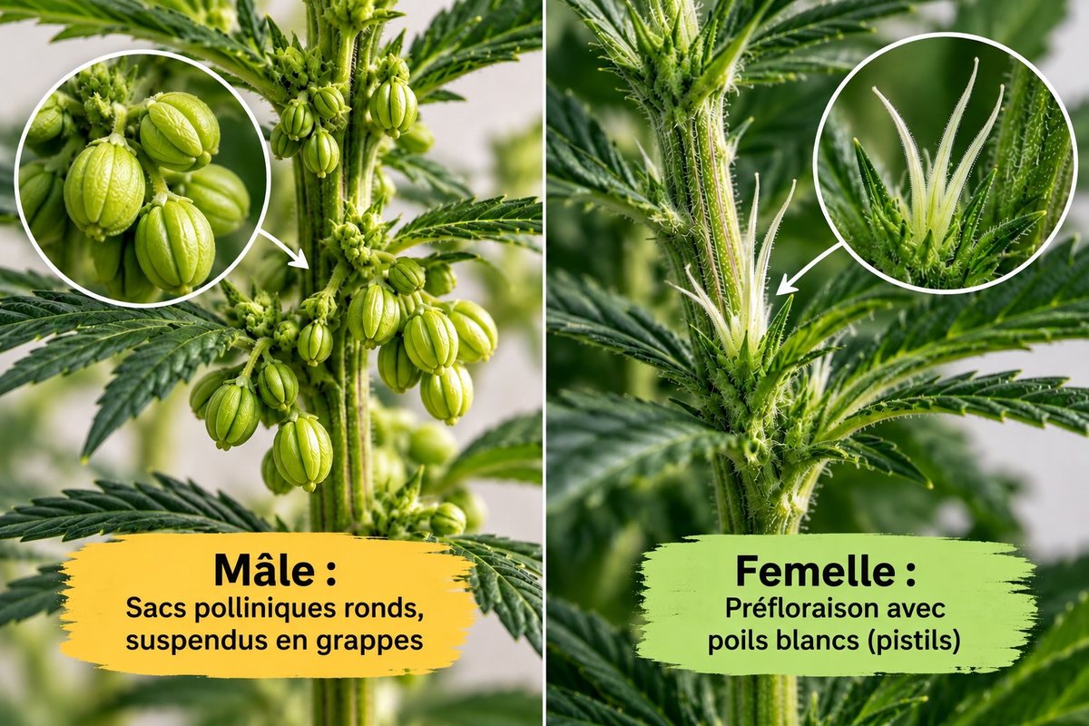 Plant de cannabis mâle avec sacs polliniques en grappes et plant femelle en préfloraison avec pistils blancs