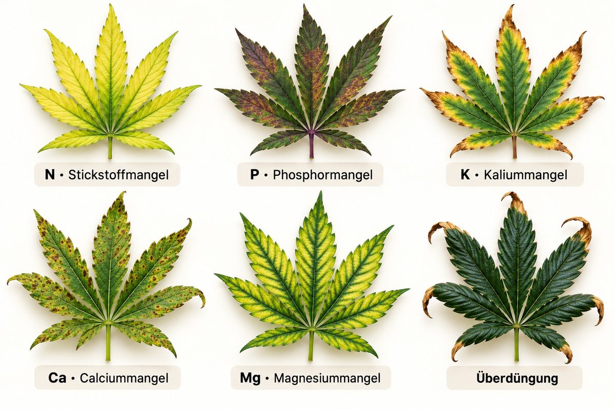 Cannabis Mangelerscheinungen Bilder: Blätter mit Stickstoffmangel, Phosphormangel, Kaliummangel, Calciummangel, Magnesiummangel und Überdüngung