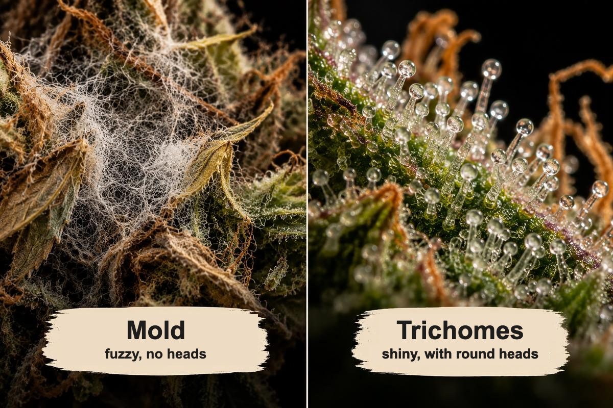 Mold or trichomes: on the left fluffy mold threads without heads, on the right shiny trichomes with heads