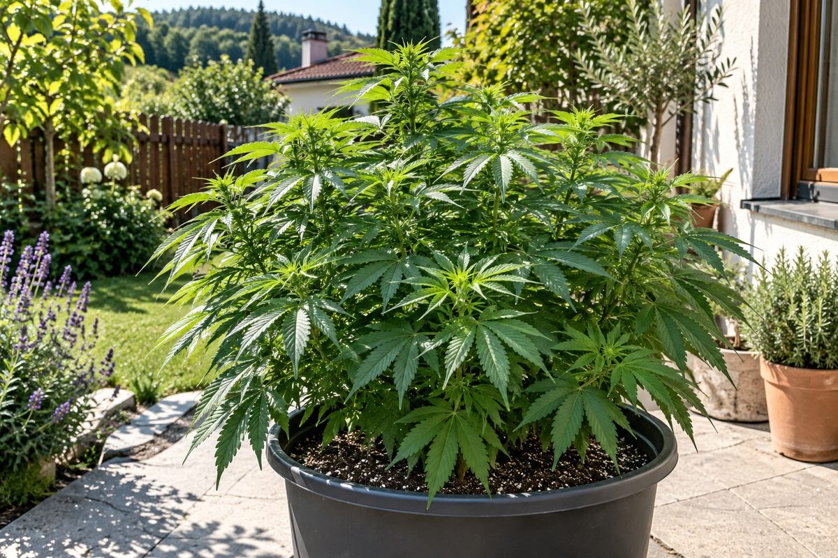 Cannabis outdoor anbauen in Deutschland: Pflanze im großen Kübel auf einer sonnigen Terrasse im Sommer