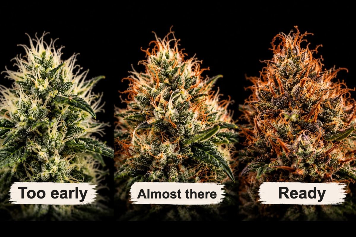 Cannabis bud in three stages: white hairs (too early), partly orange (almost there), brown and curled (ready to harvest)