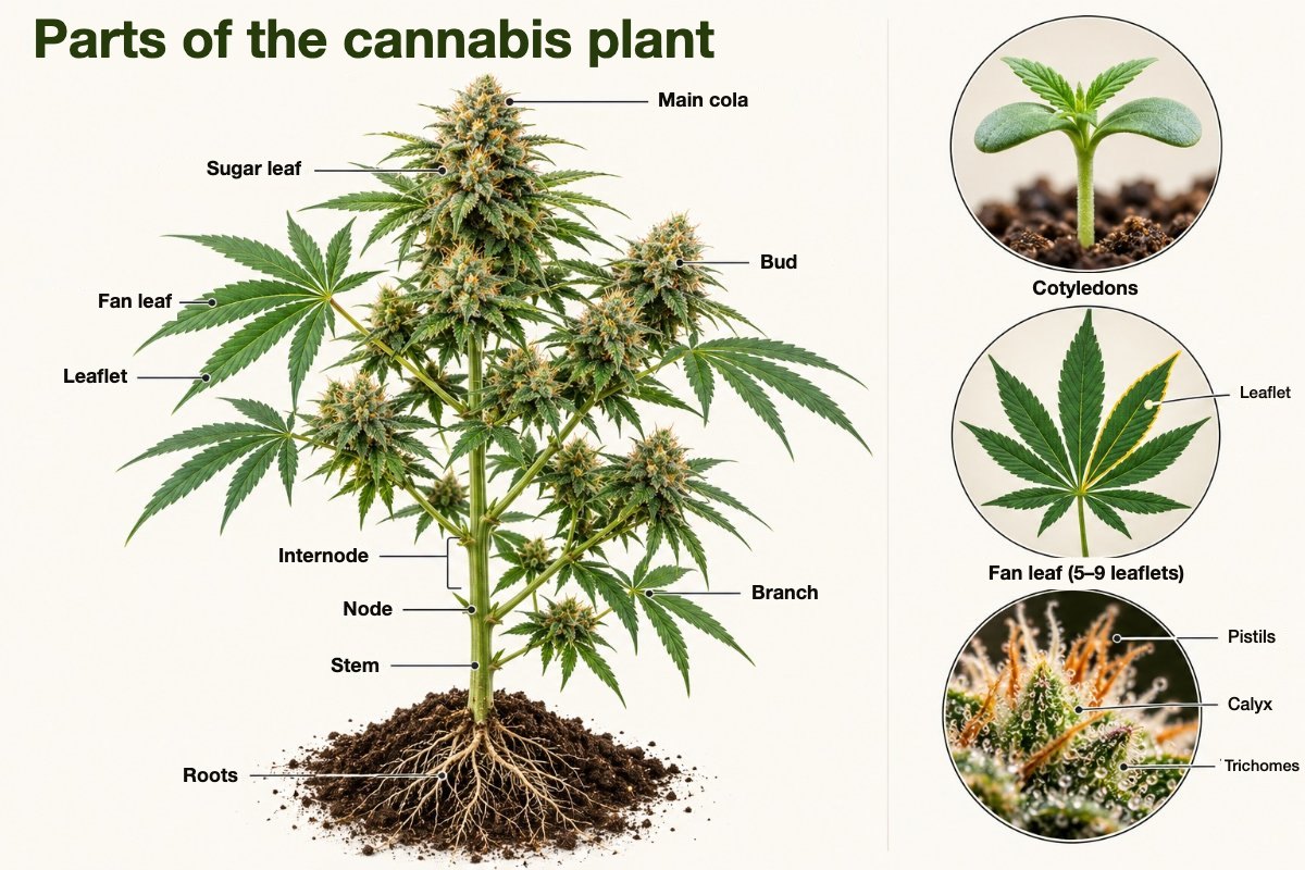 Parts of a cannabis plant: roots, stem, nodes, fan leaves, sugar leaves, bud, calyxes, pistils and trichomes