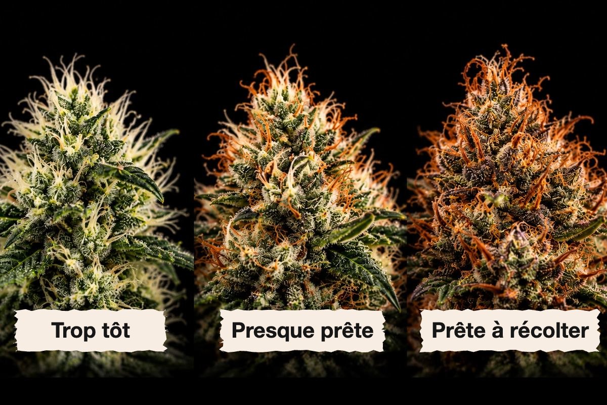 Tête de cannabis à trois stades de maturité : pistils blancs (trop tôt), en partie orange (presque prête), bruns et recourbés (prête à récolter)