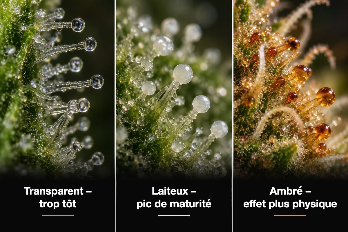 Trichomes de cannabis à trois stades : transparents (trop tôt), laiteux (pic de maturité), ambrés (effet plus physique)