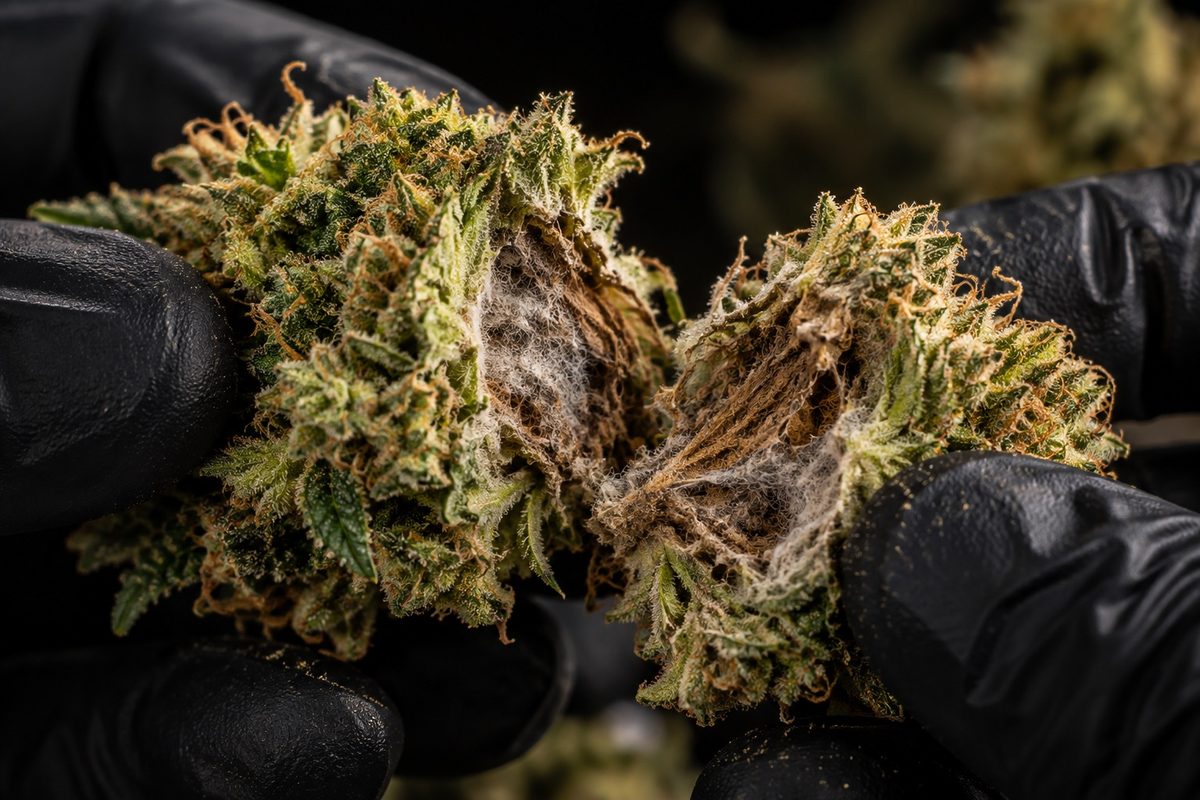 Budrot im Anfangsstadium: aufgebrochene Cannabisblüte mit grauem Schimmel im Inneren am Stiel