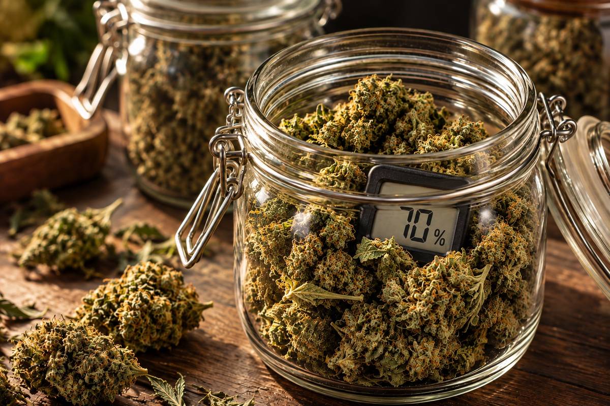 Hygrometer im Glas mit Cannabisblüten zeigt 70 % Luftfeuchte – Schimmelgefahr
