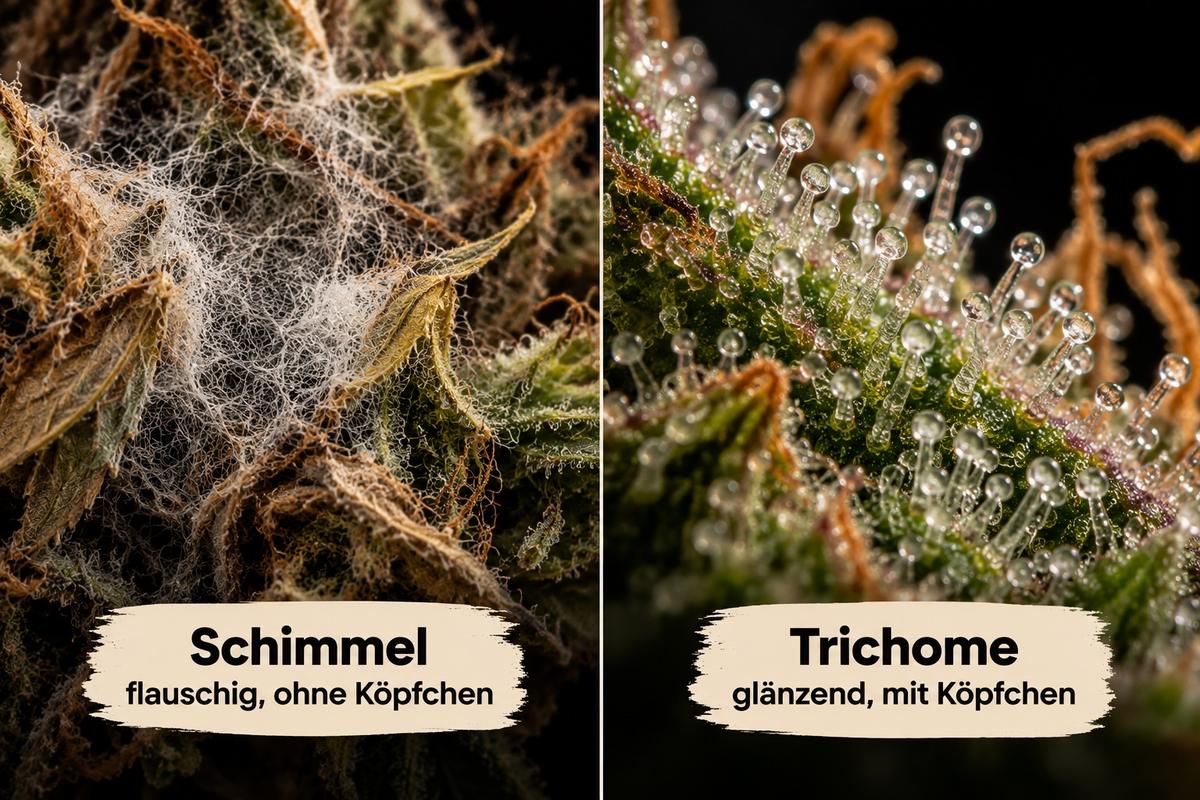 Schimmel oder Trichome: links flauschige Schimmelfäden ohne Köpfchen, rechts glänzende Trichome mit Köpfchen