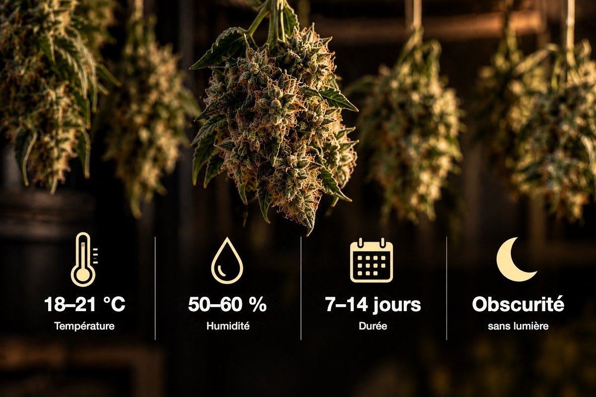 Infographie séchage du cannabis : 18–21 °C, 50–60 % d’humidité, 7–14 jours, obscurité