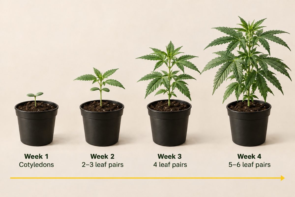 Cannabis seedling week by week: week 1 cotyledons, week 2 two to three leaf pairs, week 3 four leaf pairs, week 4 five to six leaf pairs