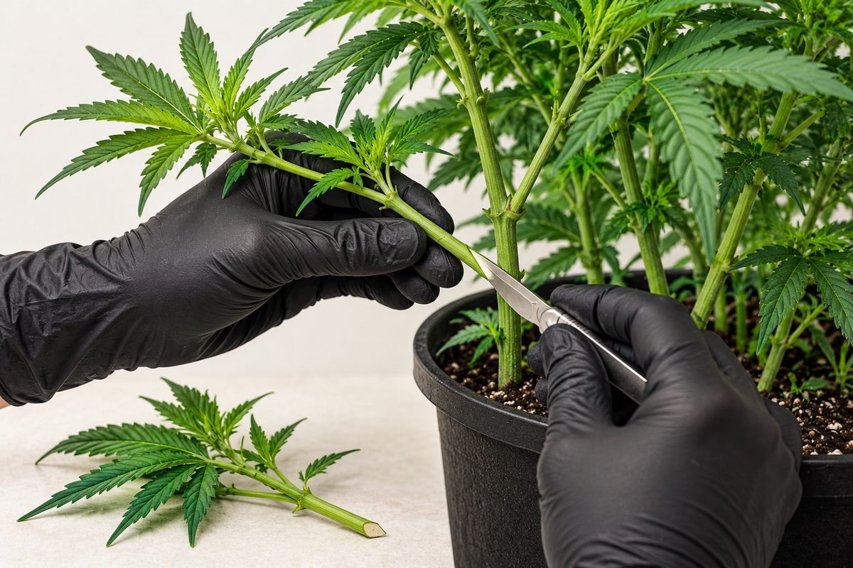 Cannabis Steckling schneiden: Hand mit Handschuh setzt ein Skalpell schräg an einem Trieb der Mutterpflanze an, daneben liegt ein frisch geschnittener Steckling