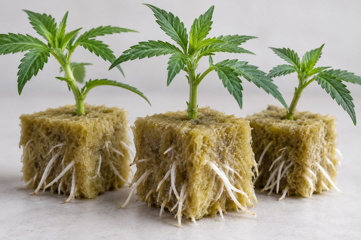 Bewurzelte Cannabis Stecklinge in Steinwollwürfeln, aus denen weiße junge Wurzeln wachsen
