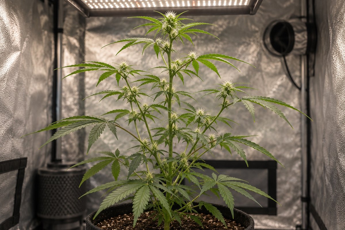 Cannabispflanze in Blütewoche 2 in der Growbox: gestreckter Wuchs mit ersten weißen Stempeln