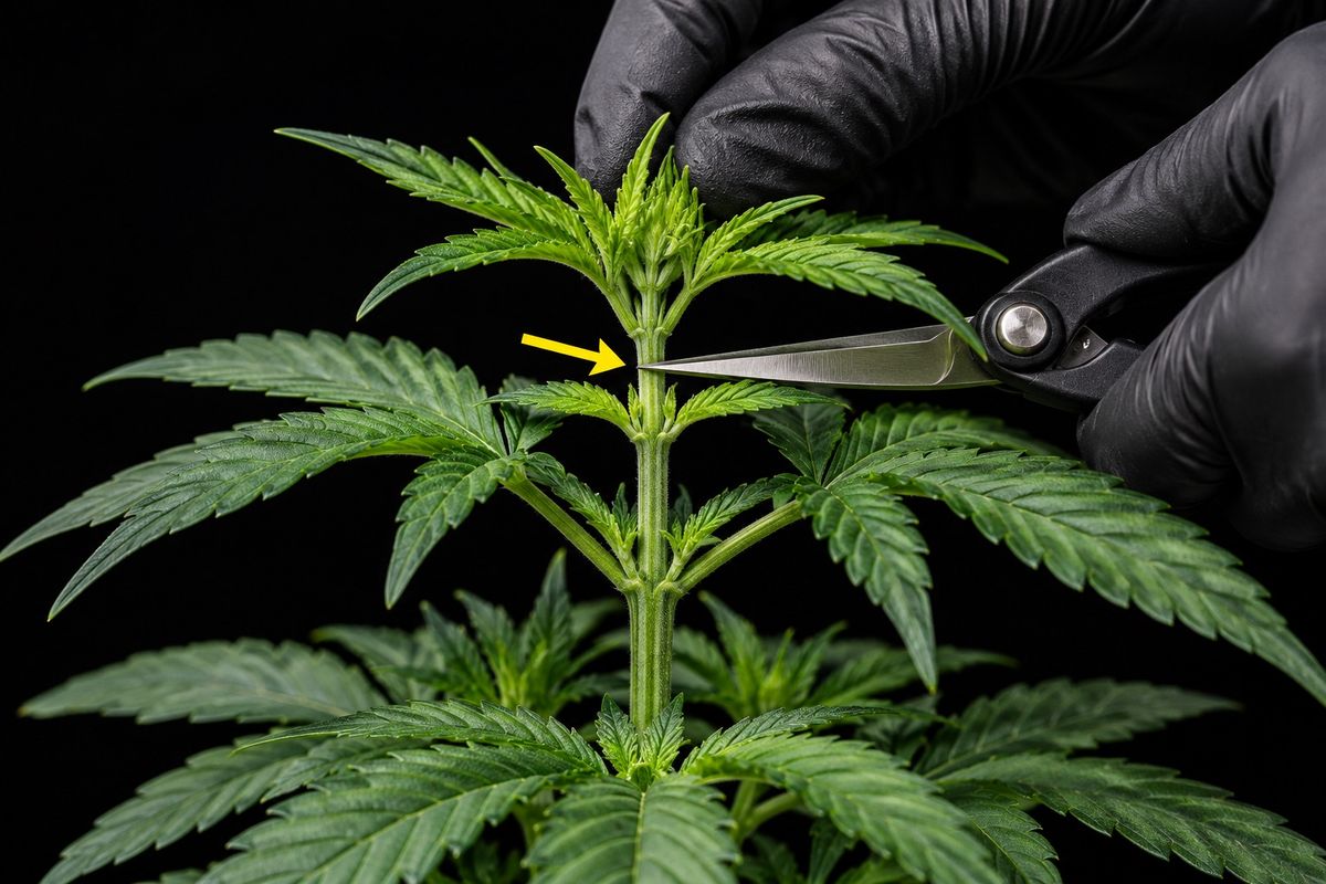 Cannabis Topping: Schere setzt am Haupttrieb direkt über einem Knoten an, Pfeil markiert die Schnittstelle