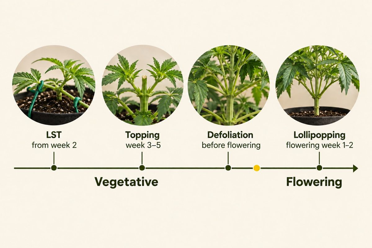 Infographic: when to use each method when pruning cannabis – LST from week 2, topping week 3–5, defoliation before flowering, lollipopping flowering week 1–2