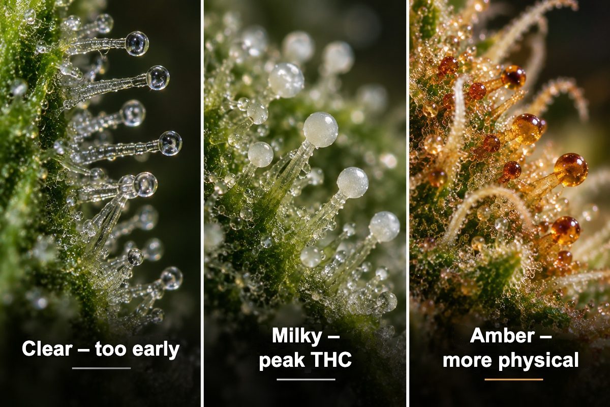 Trichomes in three stages of ripeness: clear – too early, milky – peak, amber – more physical