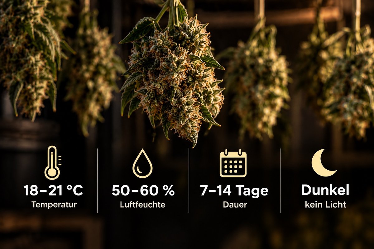 Infografik Cannabis trocknen: 18–21 °C, 50–60 % Luftfeuchte, 7–14 Tage, dunkel