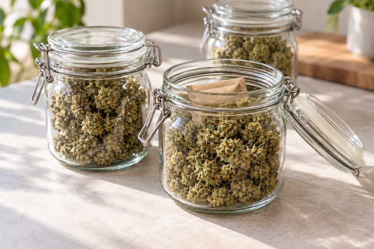 Cannabisblüten beim Curing in Einmachgläsern mit Feuchtigkeitsregler