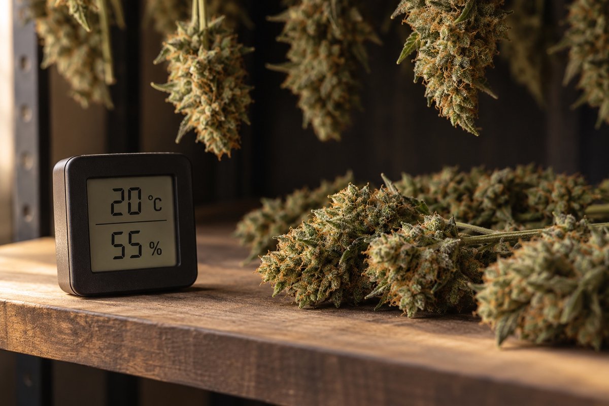 Digitales Hygrometer zeigt 20 °C und 55 % Luftfeuchte neben trocknenden Cannabisblüten