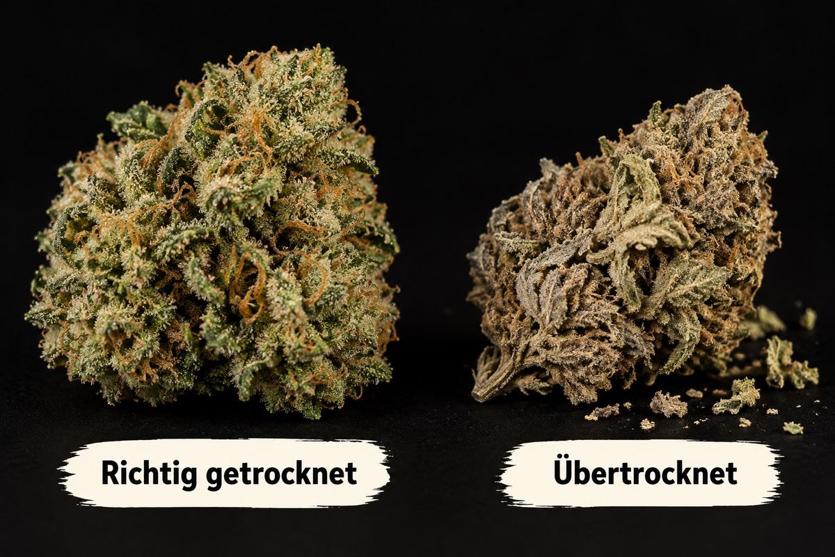 Vergleich: richtig getrocknete Cannabisblüte und übertrocknete, bröselige Blüte