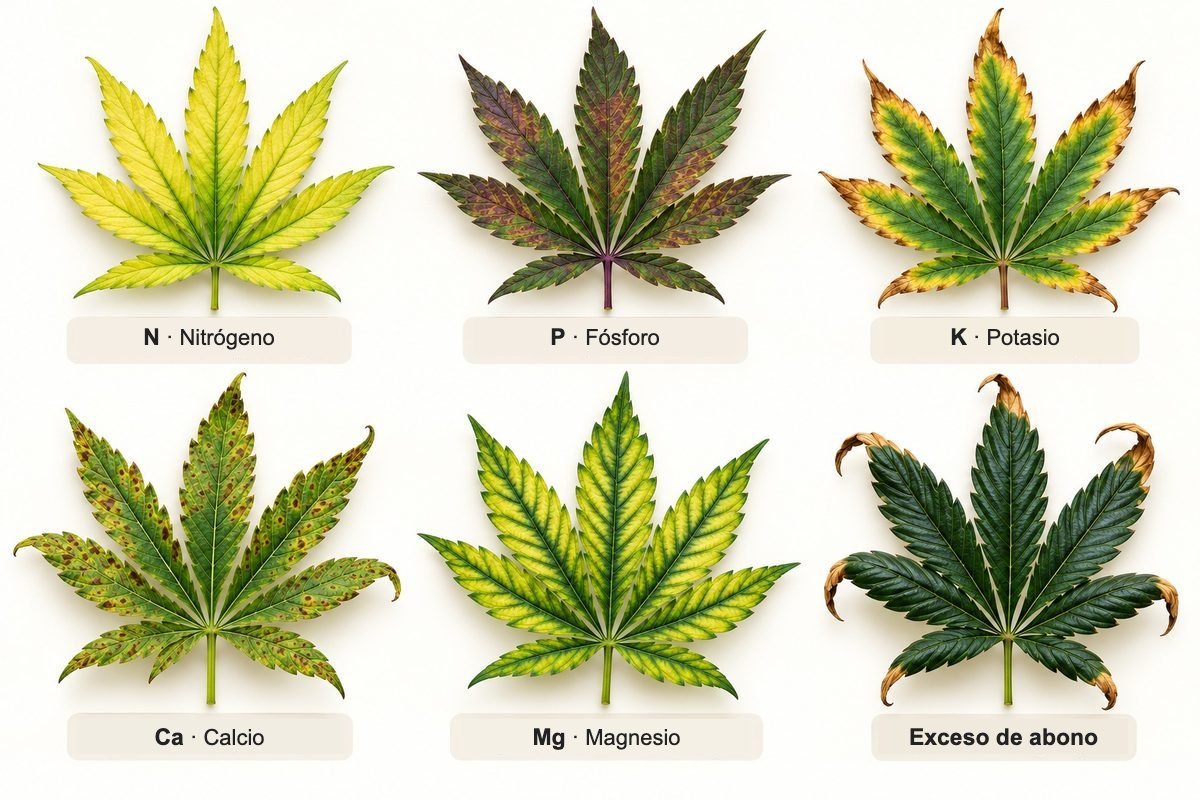 Tabla de carencias de la marihuana: hojas con carencia de nitrógeno, fósforo, potasio, calcio y magnesio y quemadura por exceso de abono
